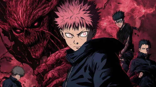 Pink haired fighter confronts demonic entity in crimson void