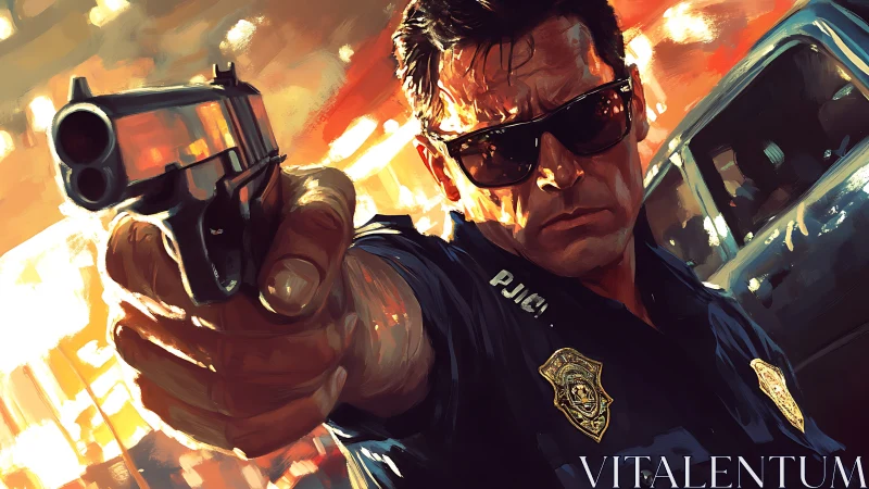 Heatwave cop showdown framed in blazing cinematic tension.