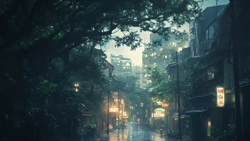 Quiet rainy alley where neon and soft greenery glow together.