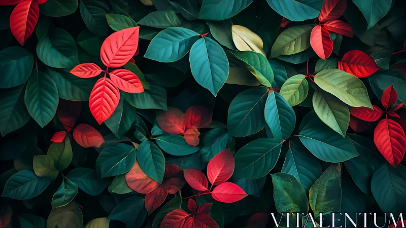 Colorful foliage tapestry with red and teal leaves in harmony.