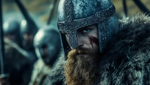 Viking warrior in ornate helmet stares forward in battle line