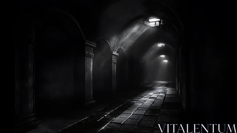 Gloomy vaulted corridor with distant light pools ahead.