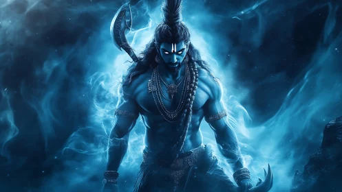 Divine blue warrior in ethereal smoke with glowing gaze.