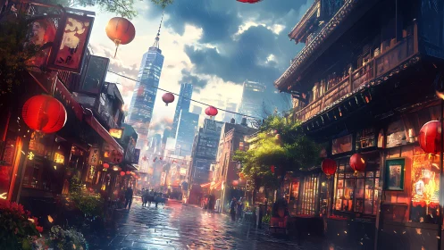 Rainlit cyber-Chinatown street humming between neon eras.