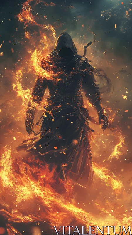 Fire-cloaked wanderer strides through swirling embers calmly