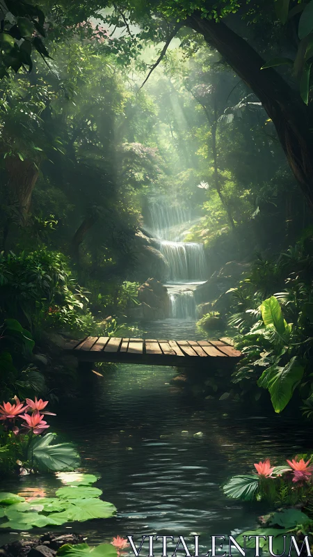 Wooden bridge over forest pond with multi tier waterfall.