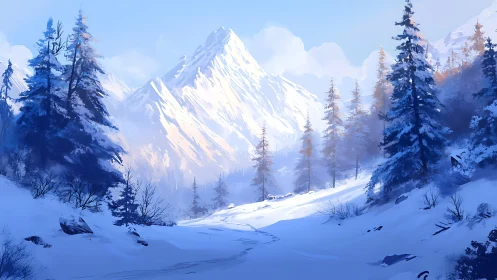 Snowy evergreen forest below bright winter mountainscape.