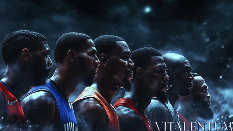 Epic basketball lineup poised under swirling night lights.