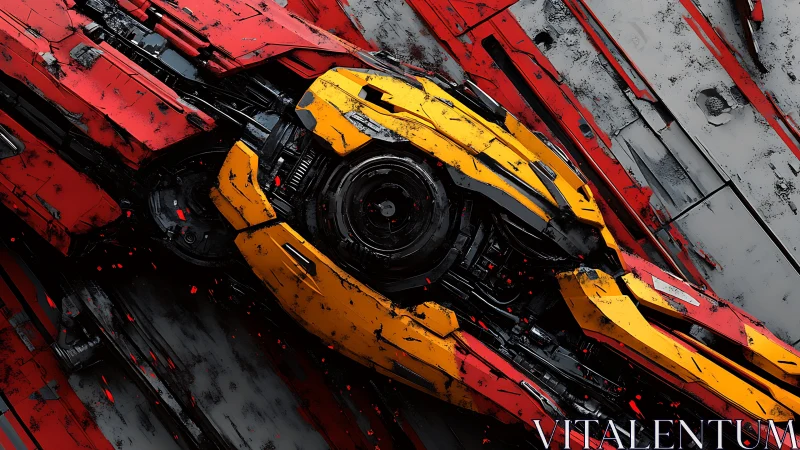 Futuristic red and yellow mechanical core in close view.