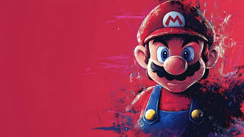 Digital portrait shows stylized plumber character on red field