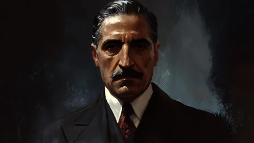 Middle-aged man in suit stares forward under dramatic light