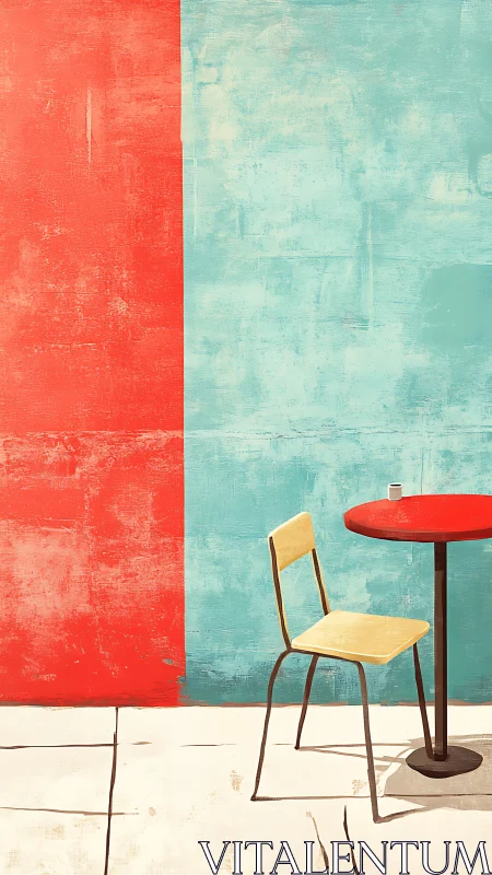 Minimalist patio chair beside bold red turquoise wall.