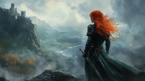 Armored warrior surveys fogbound valley and distant cliff fortress