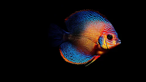 Vibrant tropical fish portrait on deep black background.