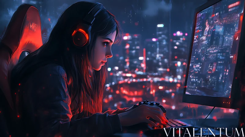 Focused night gamer framed by neon cyber city glow.