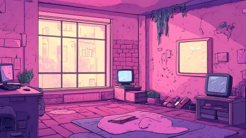 Retro computer loft bathed in magenta ambient window light