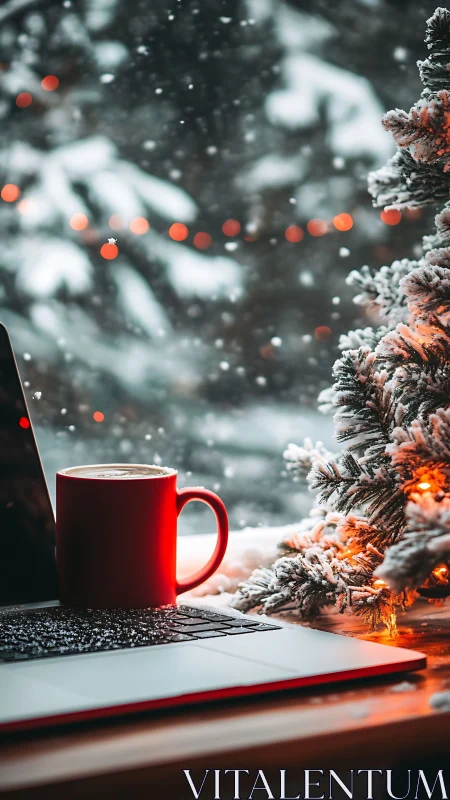 Red mug on laptop beside frosted Christmas tree lights.