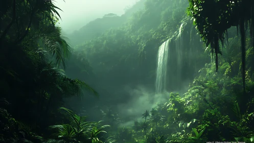 Misty Rainforest Waterfall in Lush Canyon.