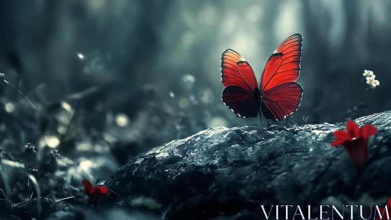 Crimson forest butterfly poised on moonlit stone.