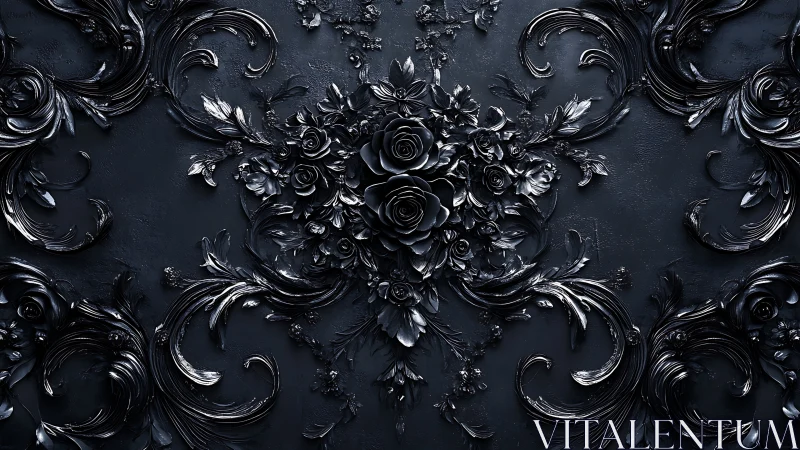 Baroque black floral relief in symmetrical digital composition.