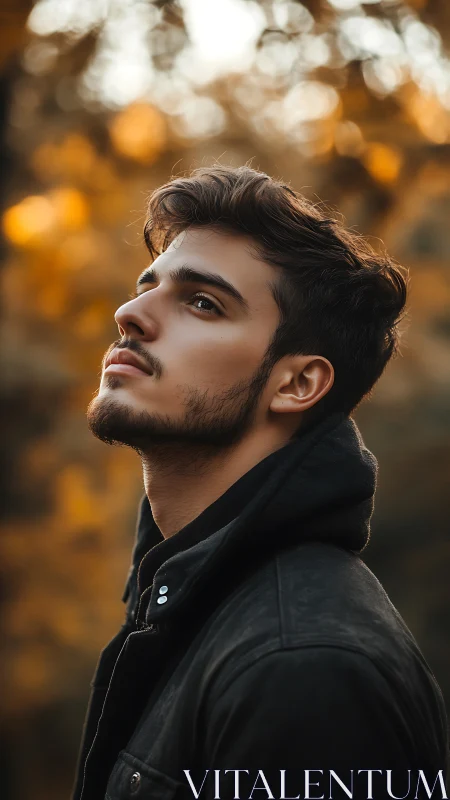 Autumn-lit daydreamer in leather, listening to skyward silence.