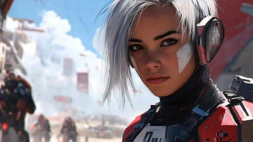 Defiant white‑haired pilot in red exosuit amid urban battle.