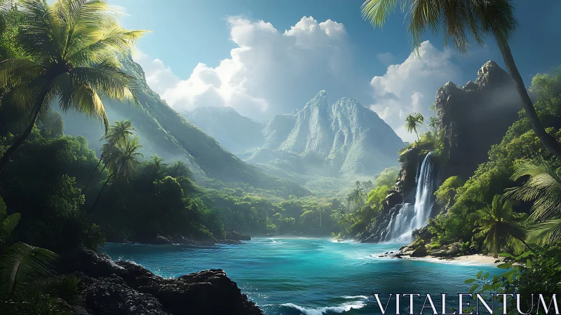 Tropical valley gorge featuring waterfall cascade and luminous turquoise waters.