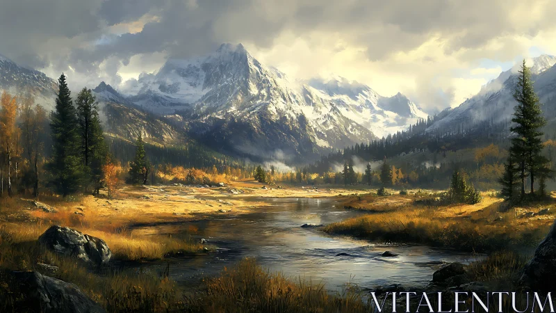 Riverlight drifts beneath brooding, snow crowned mountains