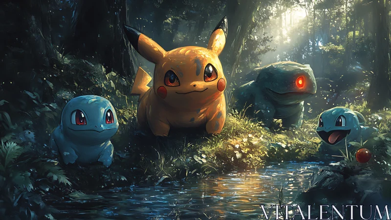 Pikachu with Squirtle and Bulbasaur in a glowing forest