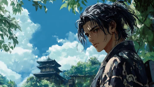 Samurai wanderer studies summer sky above forest temple.