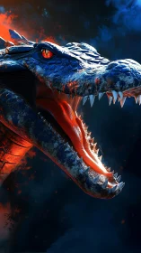 Fiery blue dragon head roaring in blazing contrast.