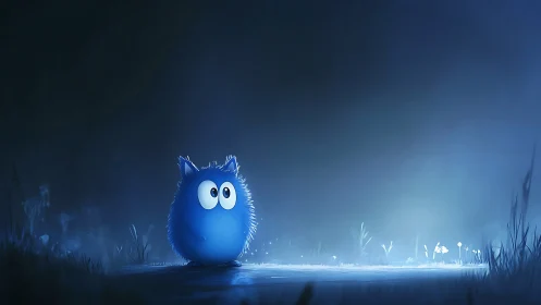 Blue spherical creature stands in dimly lit nocturnal field