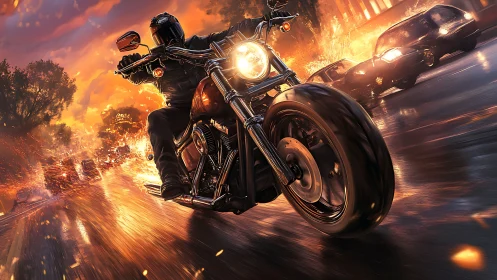 Midnight rider charging through fiery neon rainstorm.