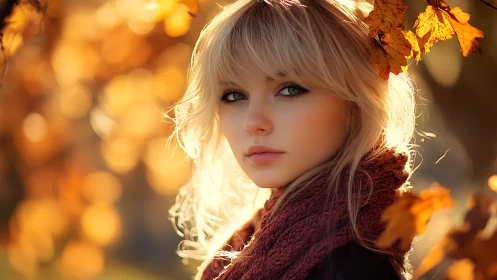 Autumn portrait of blonde woman in golden backlight bokeh.