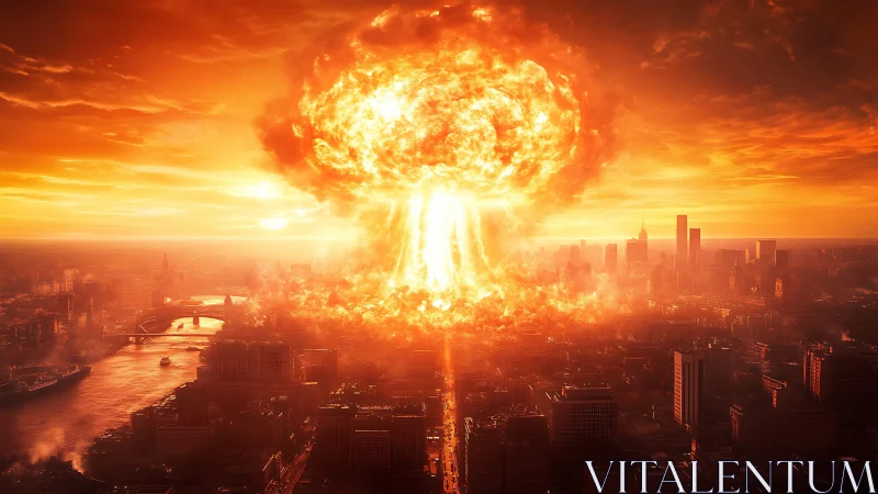 Urban skyline under large nuclear-style explosion cloud.