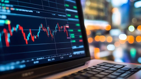 Laptop screen displays volatile market candlestick chart at night