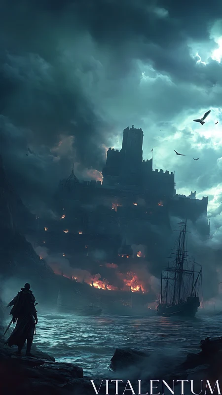 Stormy coastal fortress under siege with burning interior.