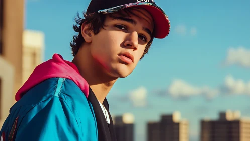 Urban rooftop portrait under shallow-depth chromatic skylight.