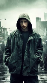 Photorealistic urban portrait in rain-soaked cinematic framing.