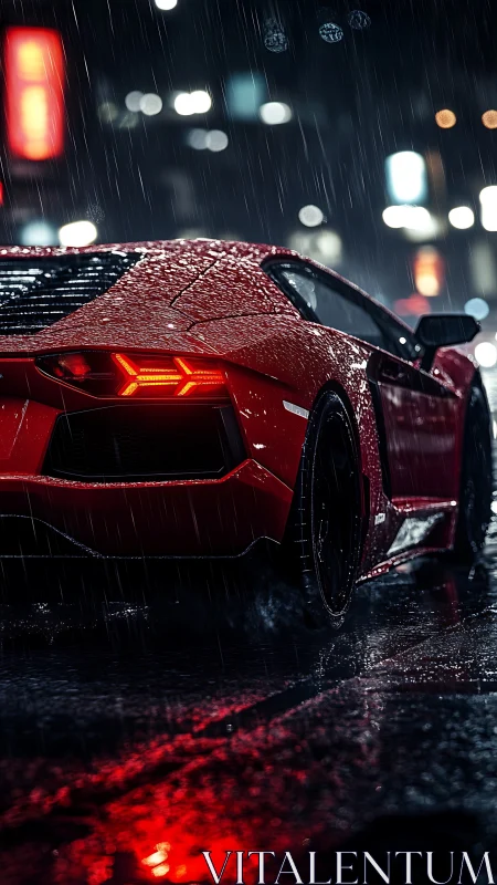 Red supercar rear in rain-soaked neon street rendered photorealistically