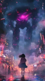 Cyberpunk megacity with neon mech and lone street silhouette.
