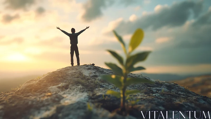 Silhouette on hilltop beside growing plant at sunrise.