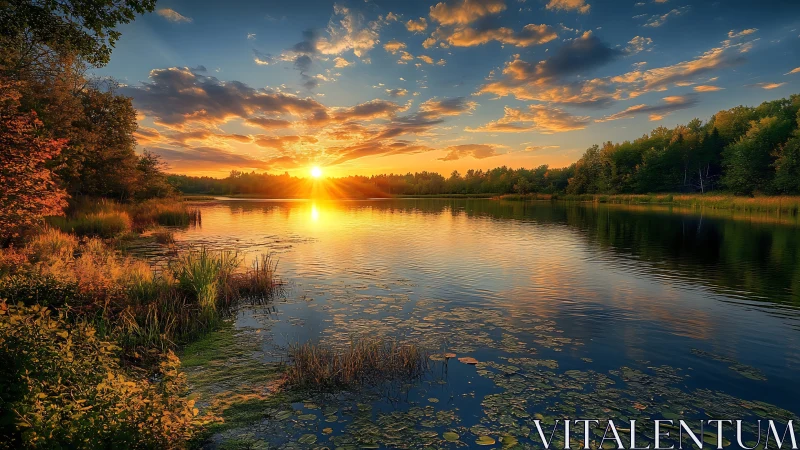 Golden sunset gently paints a peaceful forest lakeside view