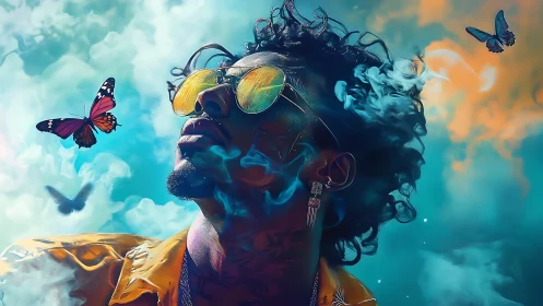 Surreal portrait shows man in mirrored shades amid smoke butterflies