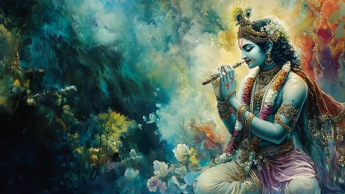 Mystic flute player in a dreamlike forest of swirling color.