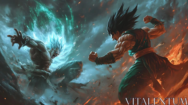 Mythic energy duel between muscular warriors in stormfire.