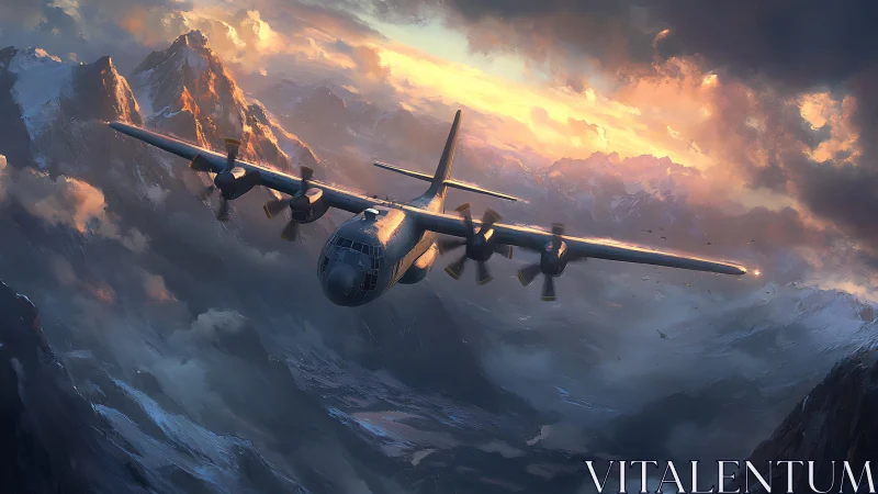 Military transport aircraft cuts through storm-lit alpine clouds
