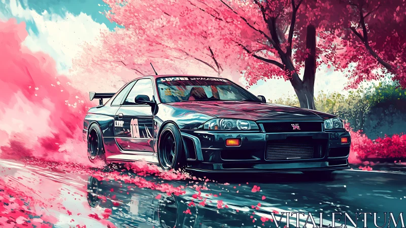 Modified sports coupe moves through stylized cherry trees