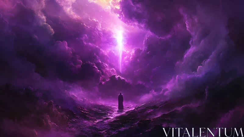 Solitary figure under radiant magenta vortex in turbulent nebula sky