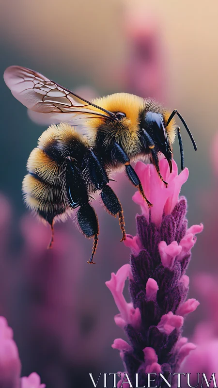 Macro bee on vivid pink flower with dreamy bokeh tones.